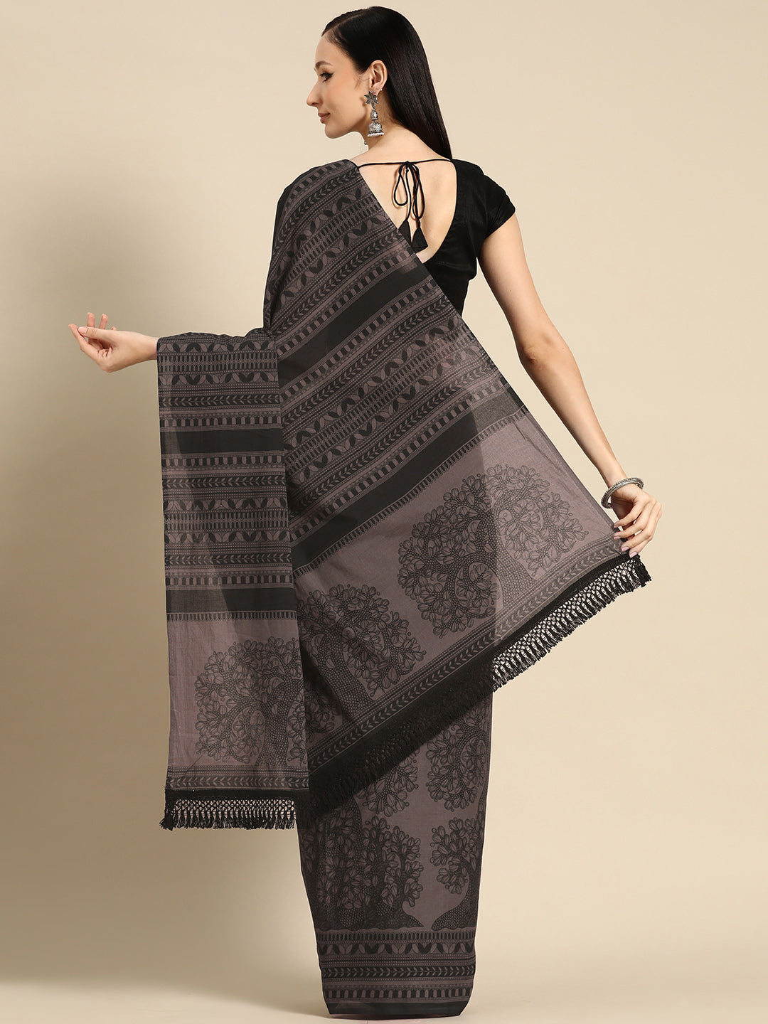 Buta Buti Brown Colour Floral Printed Pure Cotton Saree With Unstitched Blouse And Lace