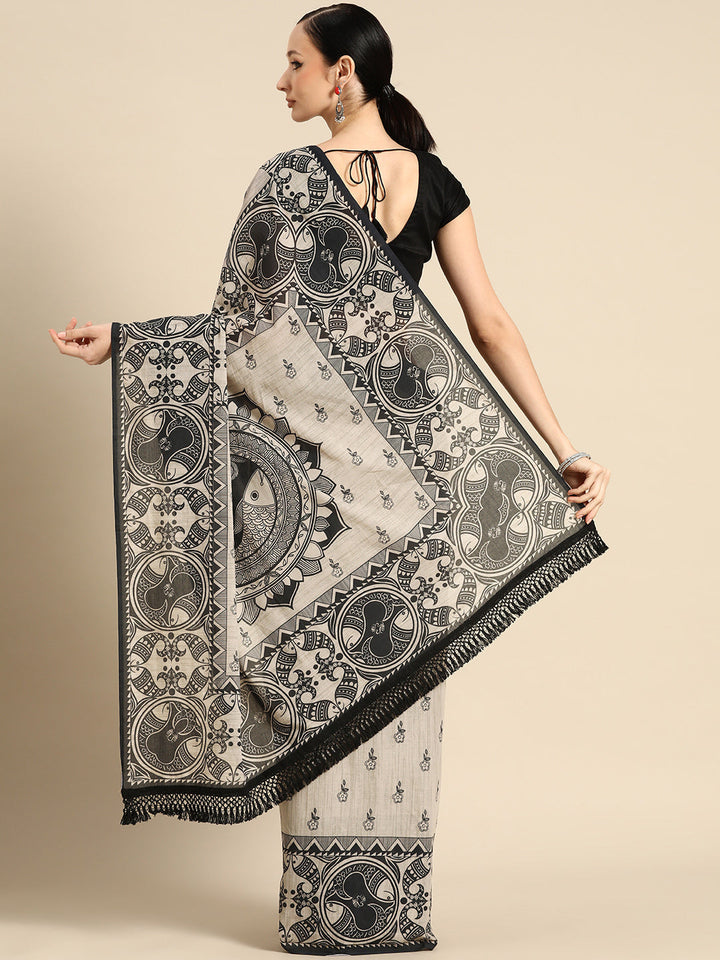 Buta Buti Cream Colour Floral Printed Pure Cotton Saree With Unstitched Blouse And Lace
