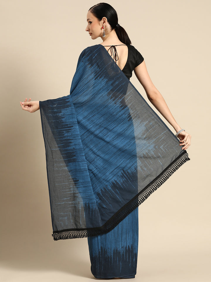 Buta Buti Blue Colour Abstract Printed Pure Cotton Saree With Unstitched Blouse And Lace