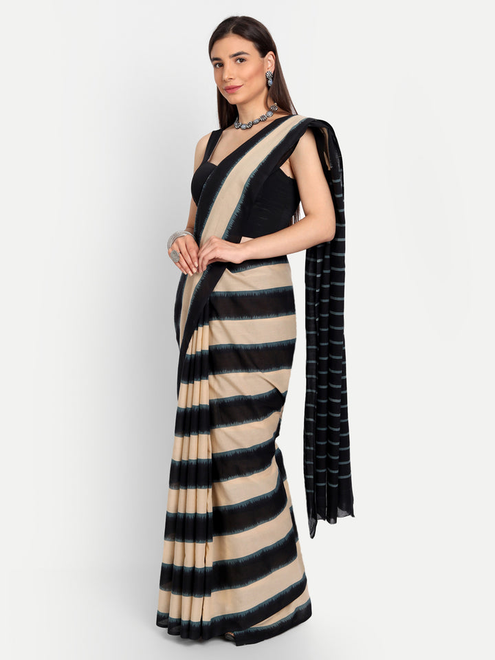 Buta Buti Beige & Black Striped Pure Cotton Saree