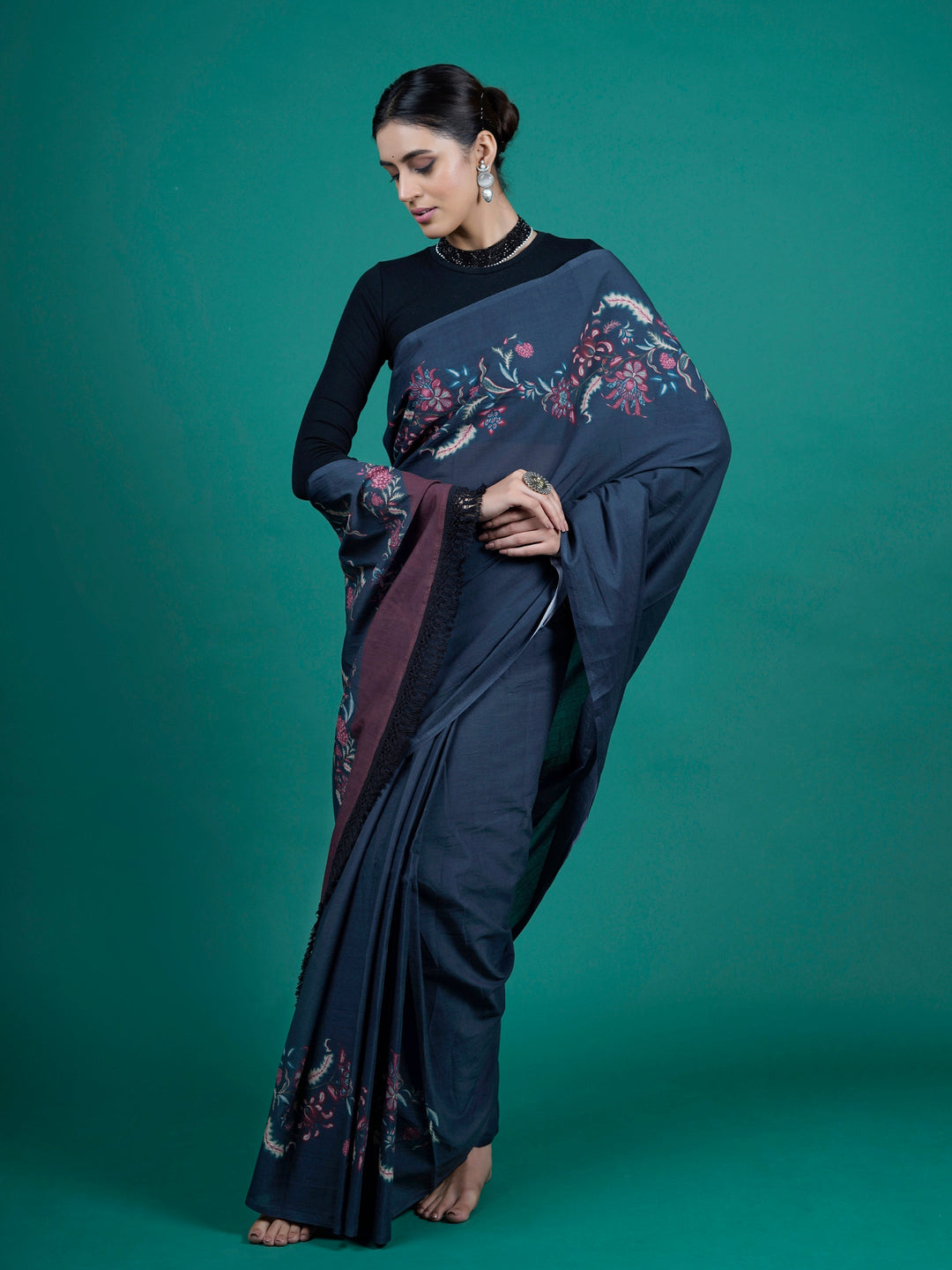Buta Buti Blue Color Floral Printed Pure Cotton Saree With Unstitched Blouse And lace