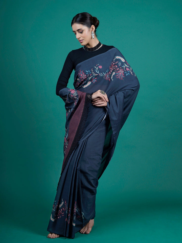 Buta Buti Blue Color Floral Printed Pure Cotton Saree With Unstitched Blouse And lace