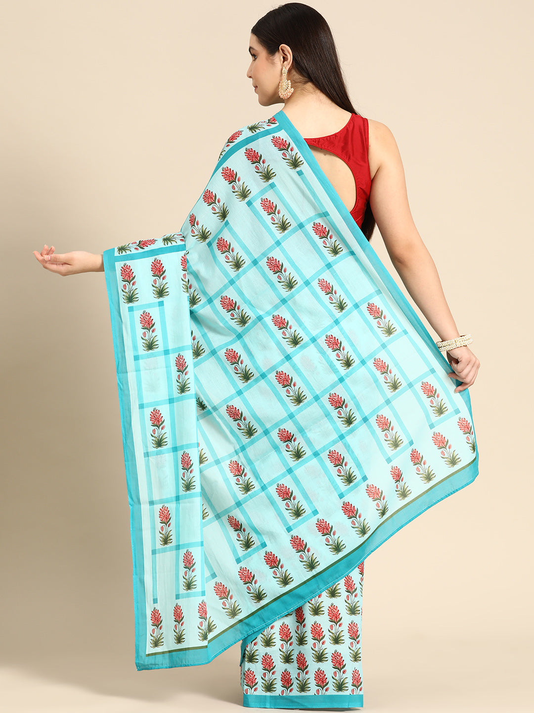 Buta Buti Cream Colour Floral  Printed Pure Cotton Saree With Unstitched Blouse