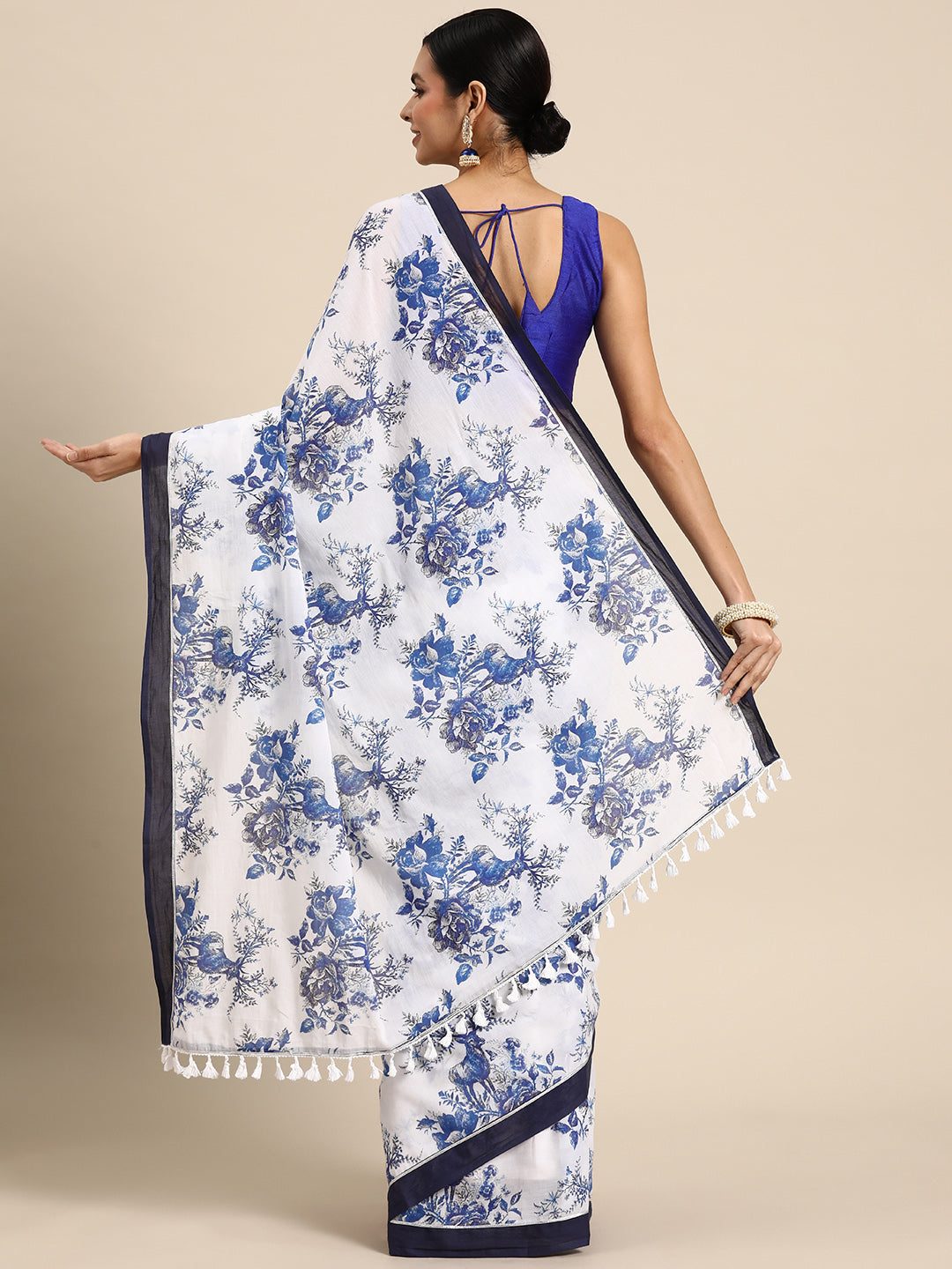 Buta Buti Blue Colour Floral Printed Pure cotton Saree With Unstitched Blouse