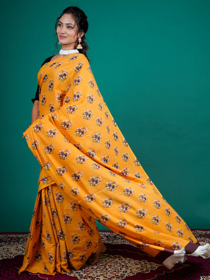 Buta Buti Mustard Color Floral Printed Pure Cotton Saree With Unstitched Blouse And lace