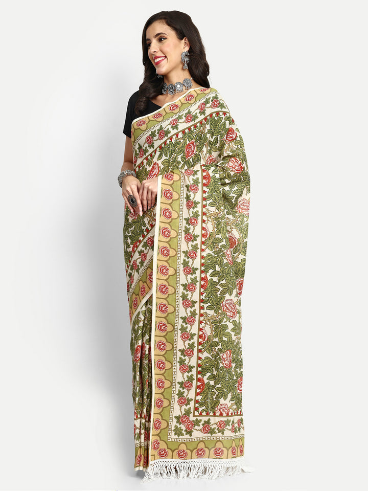 Buta Buti Floral Printed Pure Cotton Tasseled Saree