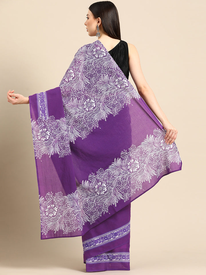 Buta Buti Purple Colour Floral  Printed Pure Cotton Saree With Unstitched Blouse