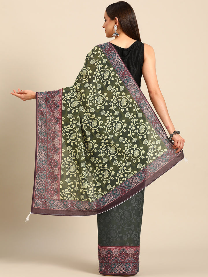 Buta Buti Green Colour Floral Printed Pure Cotton Saree With Unstitched Blouse And Lace