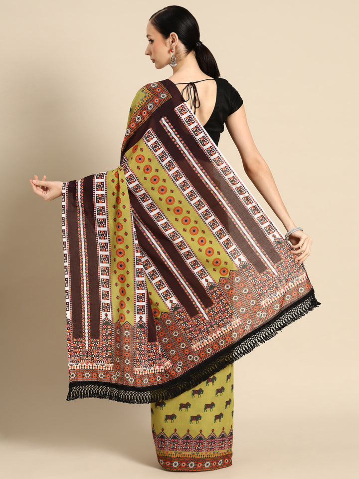Buta Buti Multi Colour Abstract Printed Pure Cotton Saree With Unstitched Blouse And Lace