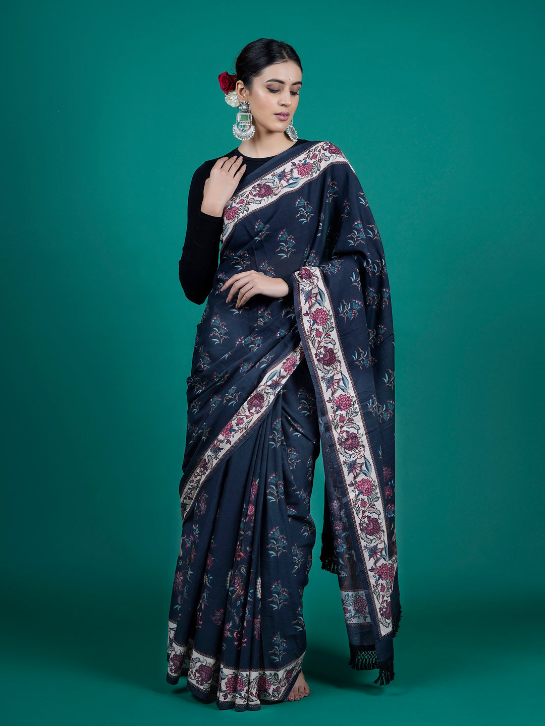 Buta Buti Blue Color Floral Printed Pure Cotton Saree With Unstitched Blouse And lace