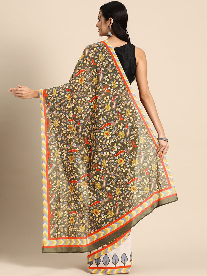 Buta Buti Multi Colour Floral  Printed Pure Cotton Saree With Unstitched Blouse