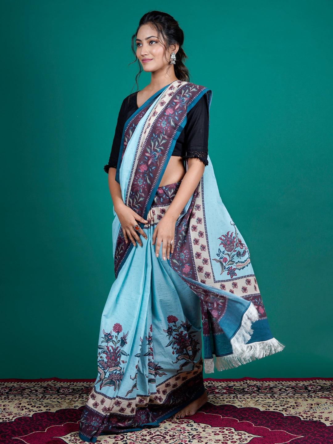 Buta Buti Blue Color Floral Printed Pure Cotton Saree With Unstitched Blouse And lace