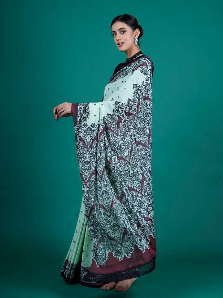 Buta Buti Sea Green Color Floral Printed Pure Cotton Saree With Unstitched Blouse And lace