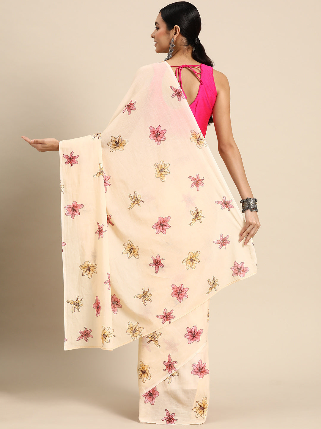 Buta Buti Beige Colour  Printed Pure cotton Saree With Unstitched Blouse