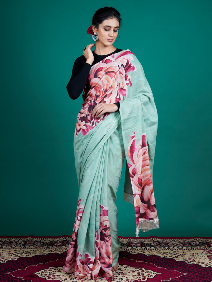 Buta Buti Green Color Floral Printed Pure Cotton Saree With Unstitched Blouse And lace