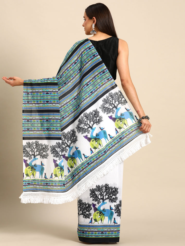 Buta Buti Multi Colour Abstract Printed Pure Cotton Saree With Unstitched Blouse And Lace