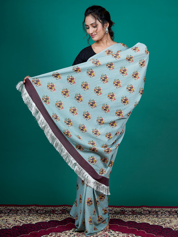 Buta Buti Blue Color Floral Printed Pure Cotton Saree With Unstitched Blouse And lace