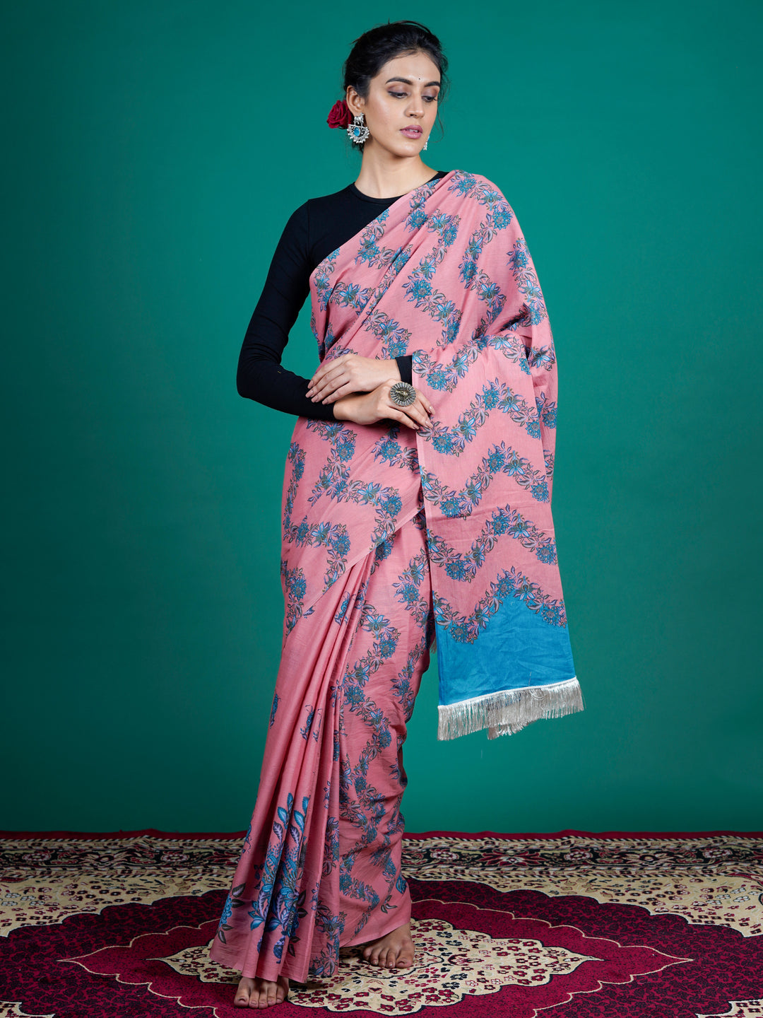 Buta Buti Pink Color Floral Printed Pure Cotton Saree With Unstitched Blouse And lace