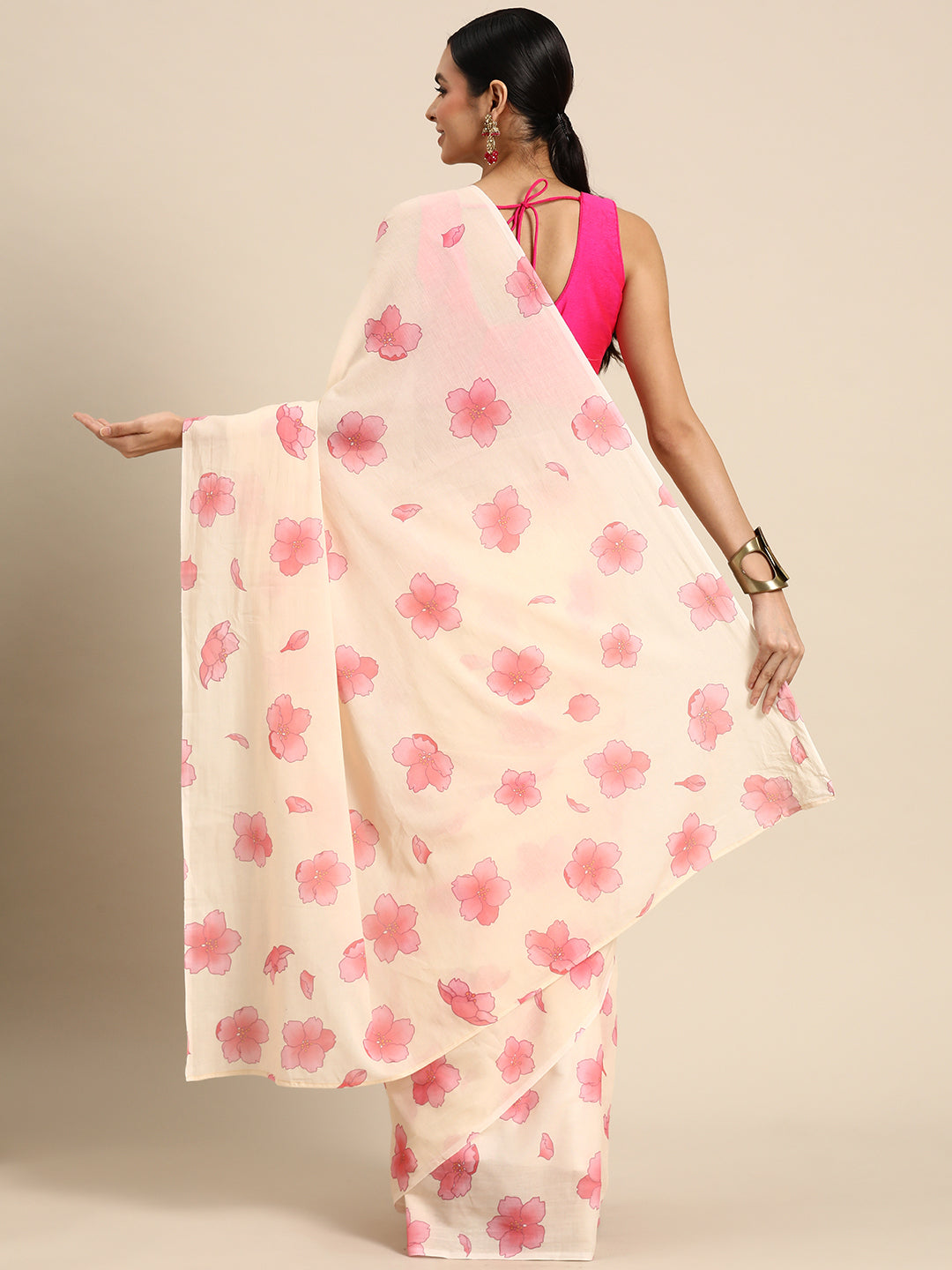 Buta Buti Cream Colour Floral Printed Pure cotton Saree With Unstitched Blouse