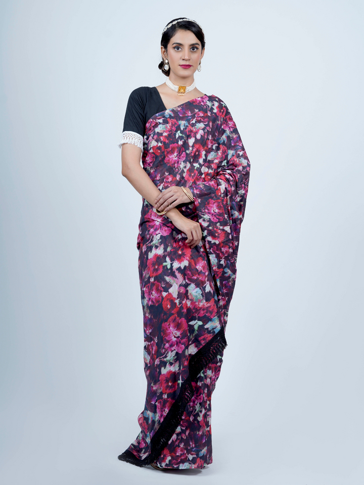 Buta Buti Floral Water Color Art Printed Cotton Tasseled Saree