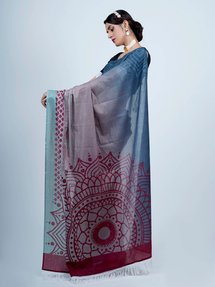 Buta Buti Floral Printed Cotton Tasseled Saree