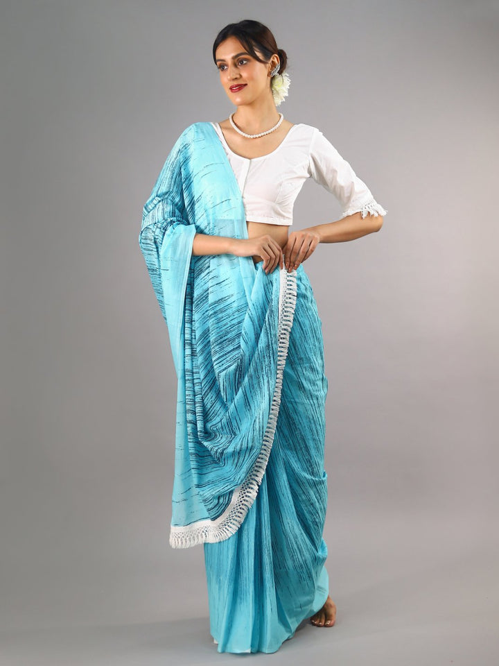 Buta Buti Blue Colour Tie and Dye Printed Pure Cotton Saree With Unstitched Blouse And Lace