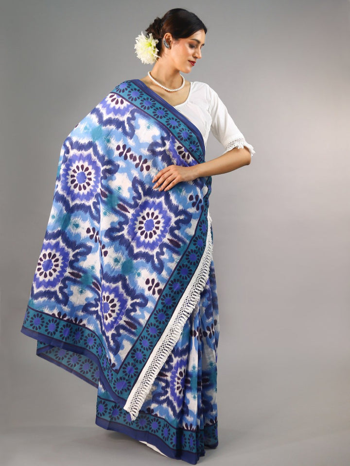 Buta Buti Blue Colour Tie and Dye Printed Pure Cotton Saree With Unstitched Blouse And Lace