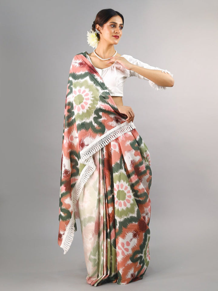 Buta Buti Peach Colour Tie and Dye Printed Pure Cotton Saree With Unstitched Blouse And Lace