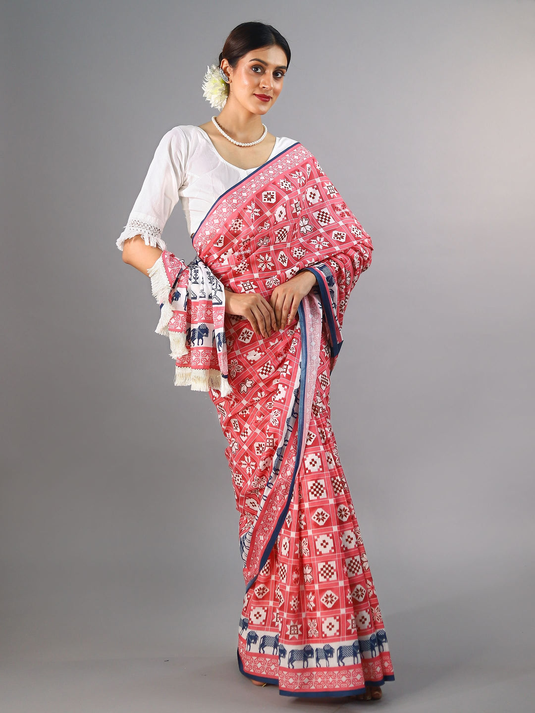 Buta Buti Pink Colour Abstract Printed Pure Cotton Saree With Unstitched Blouse And Lace