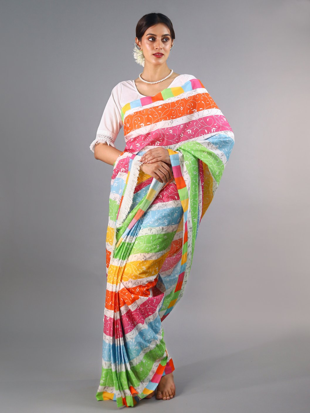Buta Buti Multi Colour Floral Printed Pure Cotton Saree With Unstitched Blouse And Lace