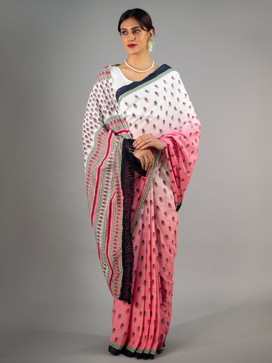 Buta Buti Pink Colour Floral Printed Pure Cotton Saree With Unstitched Blouse And Lace