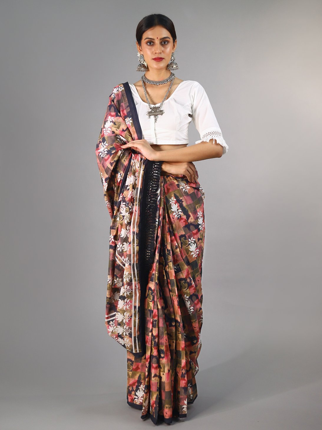 Buta Buti Multi Colour Floral Printed Pure Cotton Saree With Unstitched Blouse And Lace