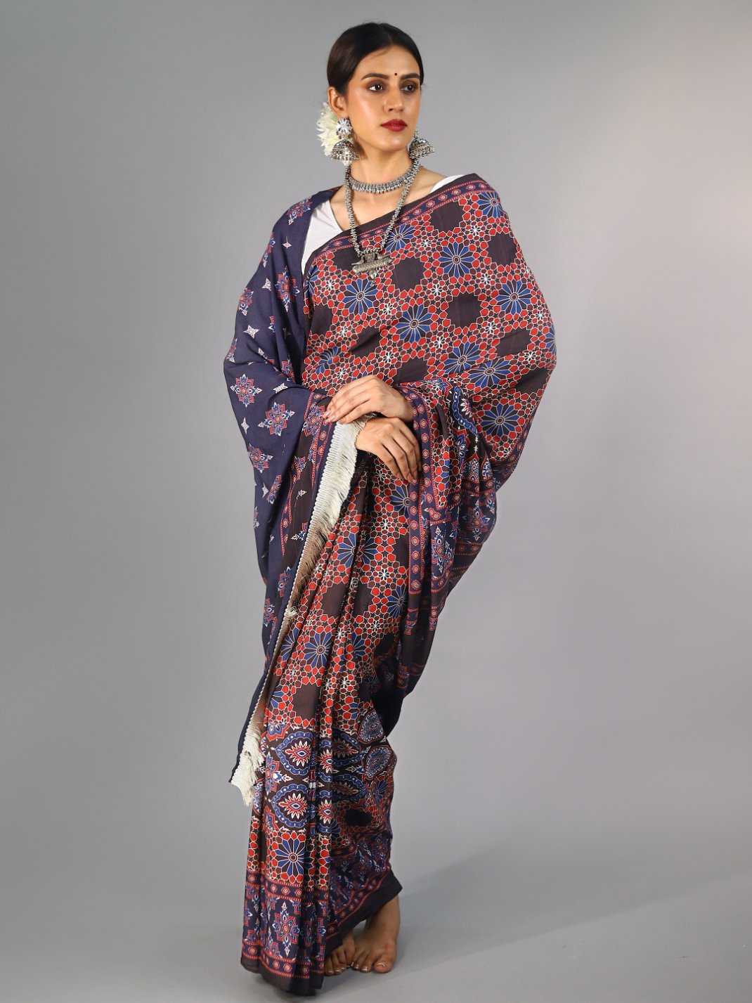 Buta Buti Multi Colour Ajrak Printed Pure Cotton Saree With Unstitched Blouse And Lace