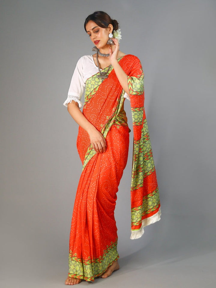 Buta Buti Red Colour Bandhani Printed Pure Cotton Saree With Unstitched Blouse And Lace
