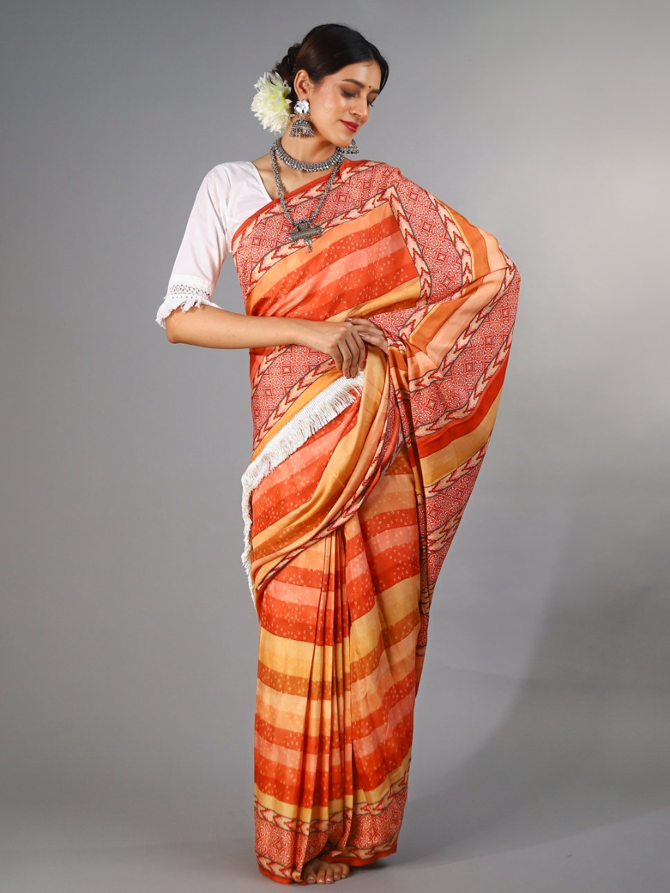 Buta Buti Multi Colour Bandhani Printed Pure Cotton Saree With Unstitched Blouse And Lace