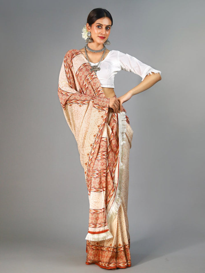 Buta Buti Beige Colour Bandhani Printed Pure Cotton Saree With Unstitched Blouse And Lace