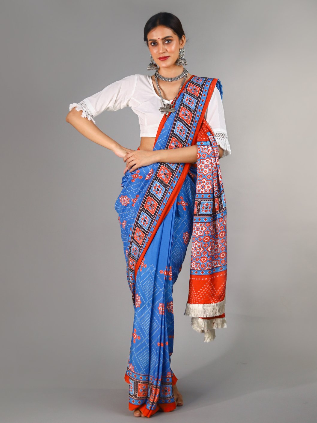 Buta Buti Blue Colour Ajrak Printed Pure Cotton Saree With Unstitched Blouse And Lace