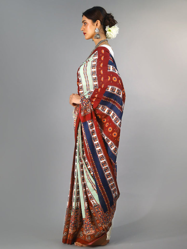 Buta Buti Multi Colour Ethnic Motifs Printed Pure Cotton Saree With Unstitched Blouse And Lace