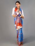 Buta Buti Blue Colour Ajrak Printed Pure Cotton Saree With Unstitched Blouse And Lace