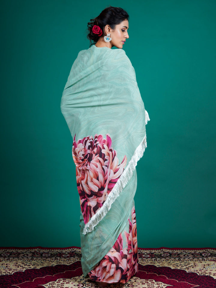 Buta Buti Green Color Floral Printed Pure Cotton Saree With Unstitched Blouse And lace