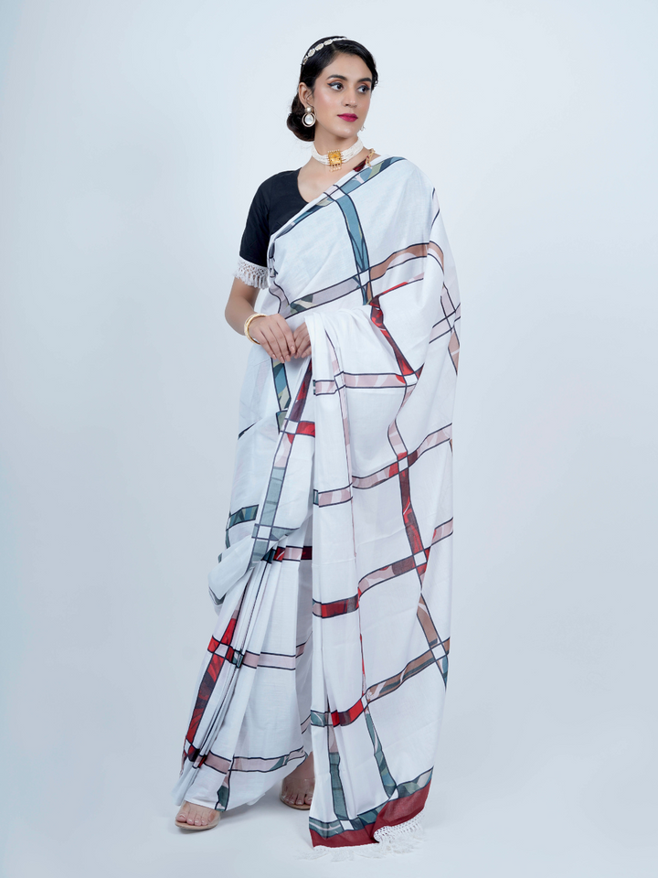 Buta Buti Checked Print Cotton Tasseled Saree