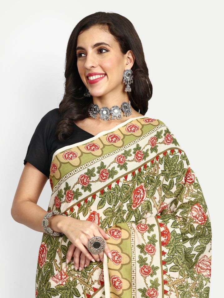 Buta Buti Floral Printed Pure Cotton Tasseled Saree