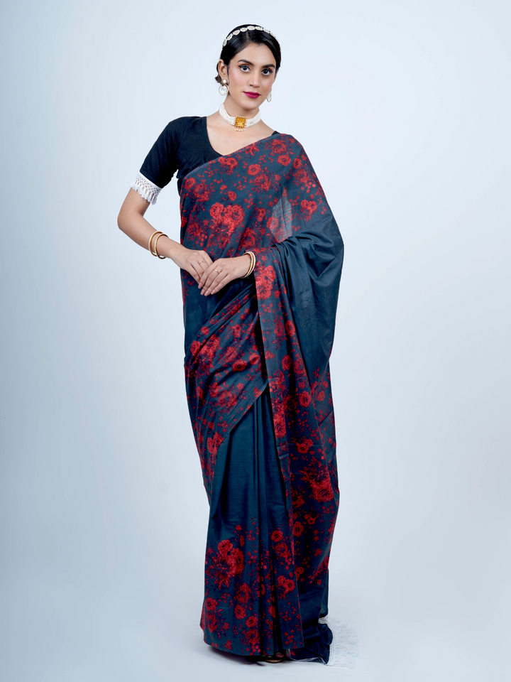 Buta Buti Floral Printed Cotton Tasseled Saree