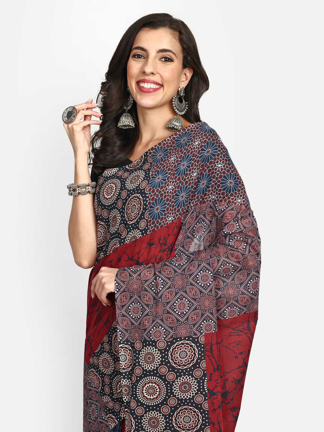 Buta Buti Ajrak Print Pure Cotton Tasseled Saree