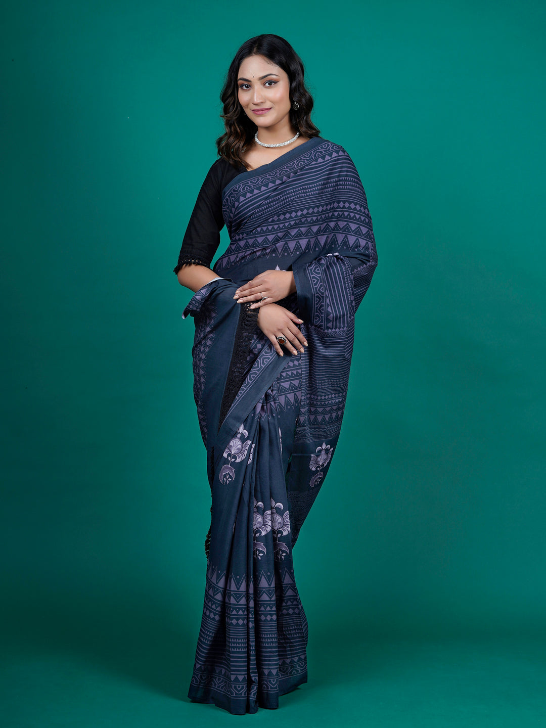 Buta Buti Blue Color Floral Printed Pure Cotton Saree With Unstitched Blouse And lace