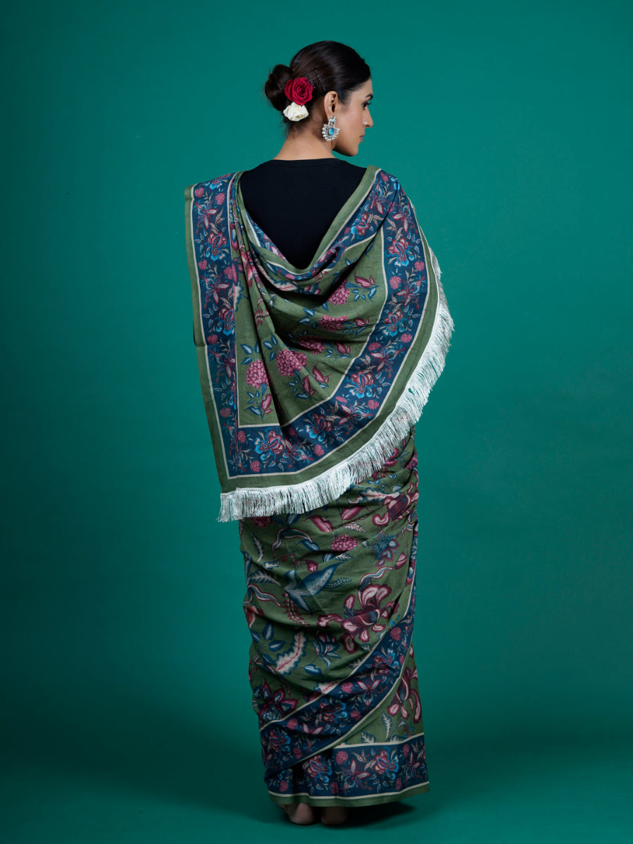 Buta Buti Chintz Floral Printed Cotton Tasseled Saree