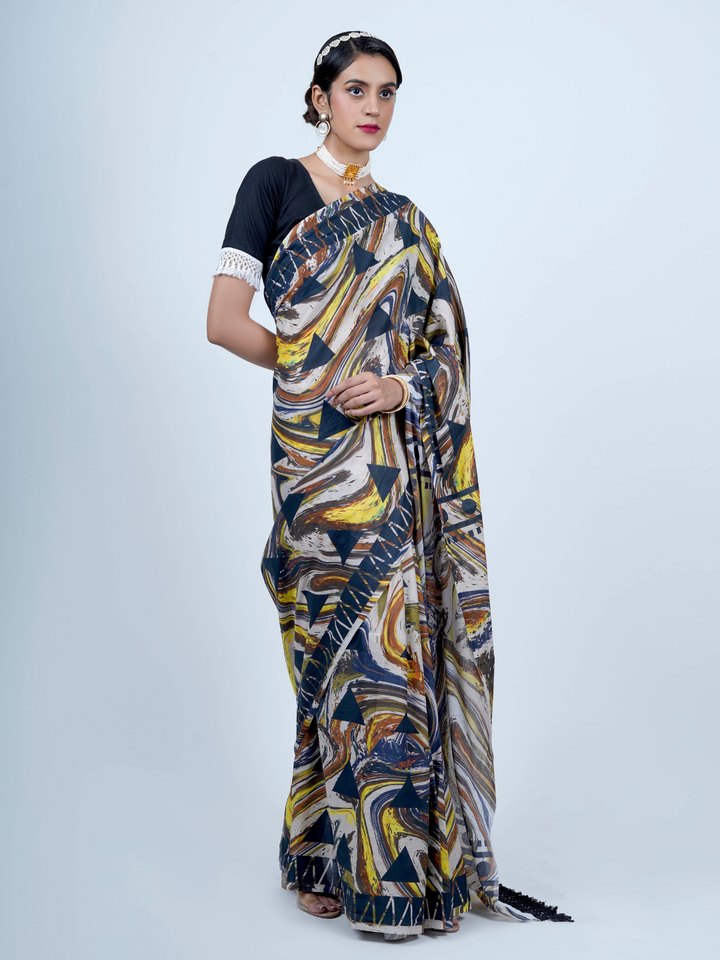 Buta Buti Abstract Art Printed Cotton Tasseled Saree