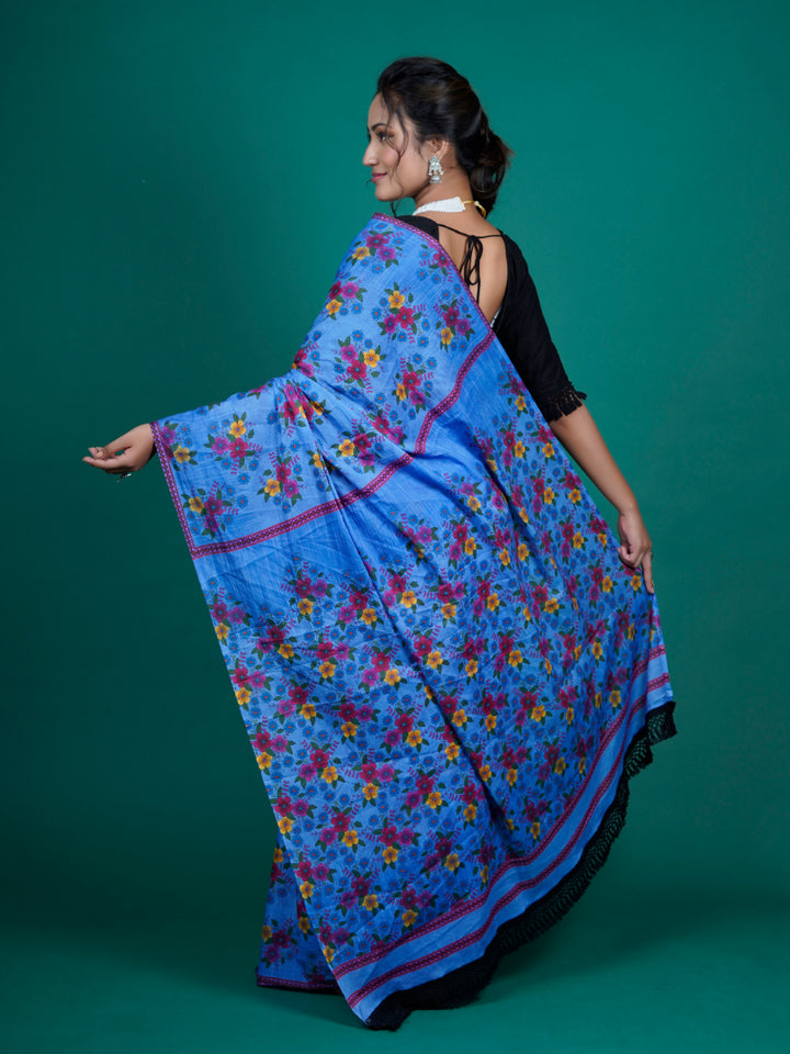 Buta Buti Floral Printed Cotton Tasseled Saree