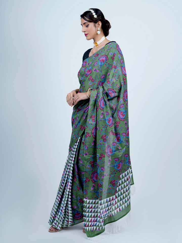 Buta Buti Chintz Floral Printed Cotton Tasseled Saree