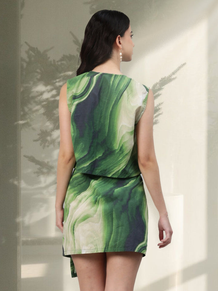 Green Psychedelic Printed Mini Skirt Coordset